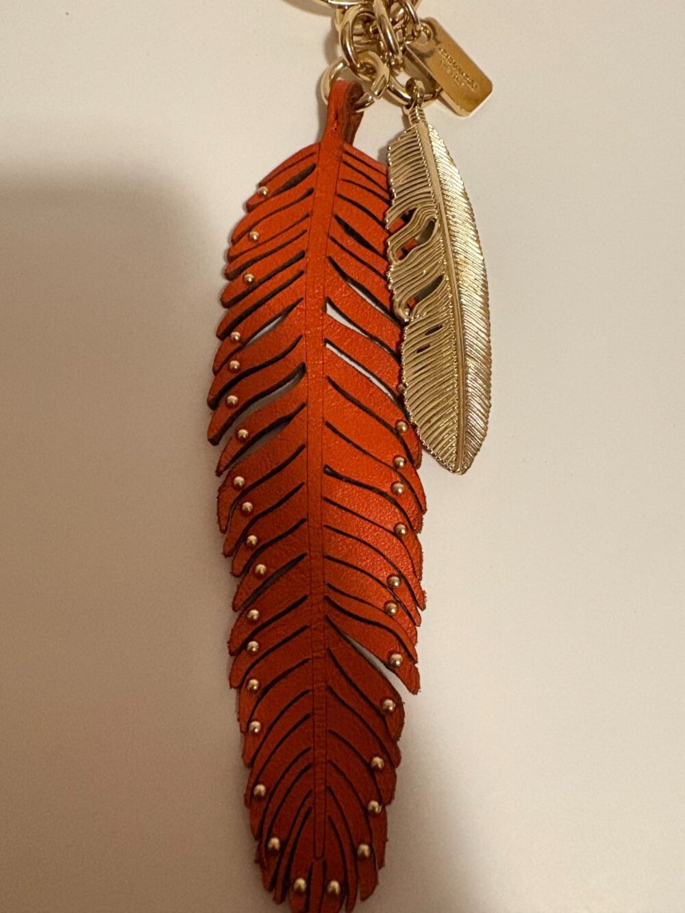 Coach Feather Bag Charm 89414 Orange Leather Silver Feather Keychain - Picture 2 of 4